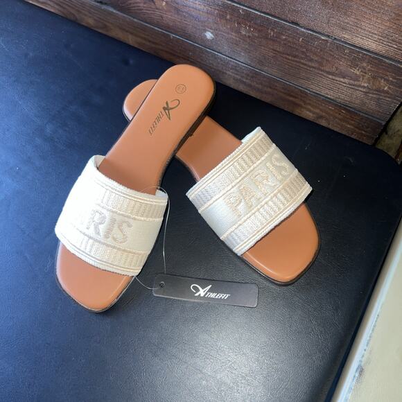 Athlefit Summer Flat Sandals Brown With Beige Paris Women’s 6.5 - Picture 1 of 11